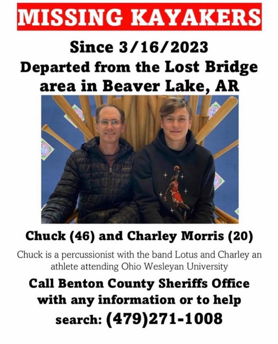 Chuck Morris, 46, and Charley Morris, 20, of Kansas City, Mo. are missing from Beaver Lake in Benton County, Arkansas.