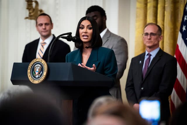 <p>Jabin Botsford/The Washington Post via Getty</p> Kim Kardashian speaks at a White House event in June 2019