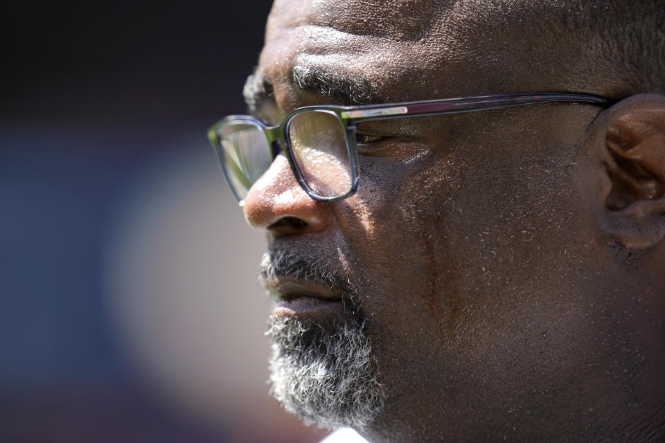 Tennessee Titans Assistant head coach/defensive line coach Terrell Williams watches during the first half of an NFL preseason football game against, Saturday, Aug. 12, 2023, in Chicago. (AP Photo/Erin Hooley)