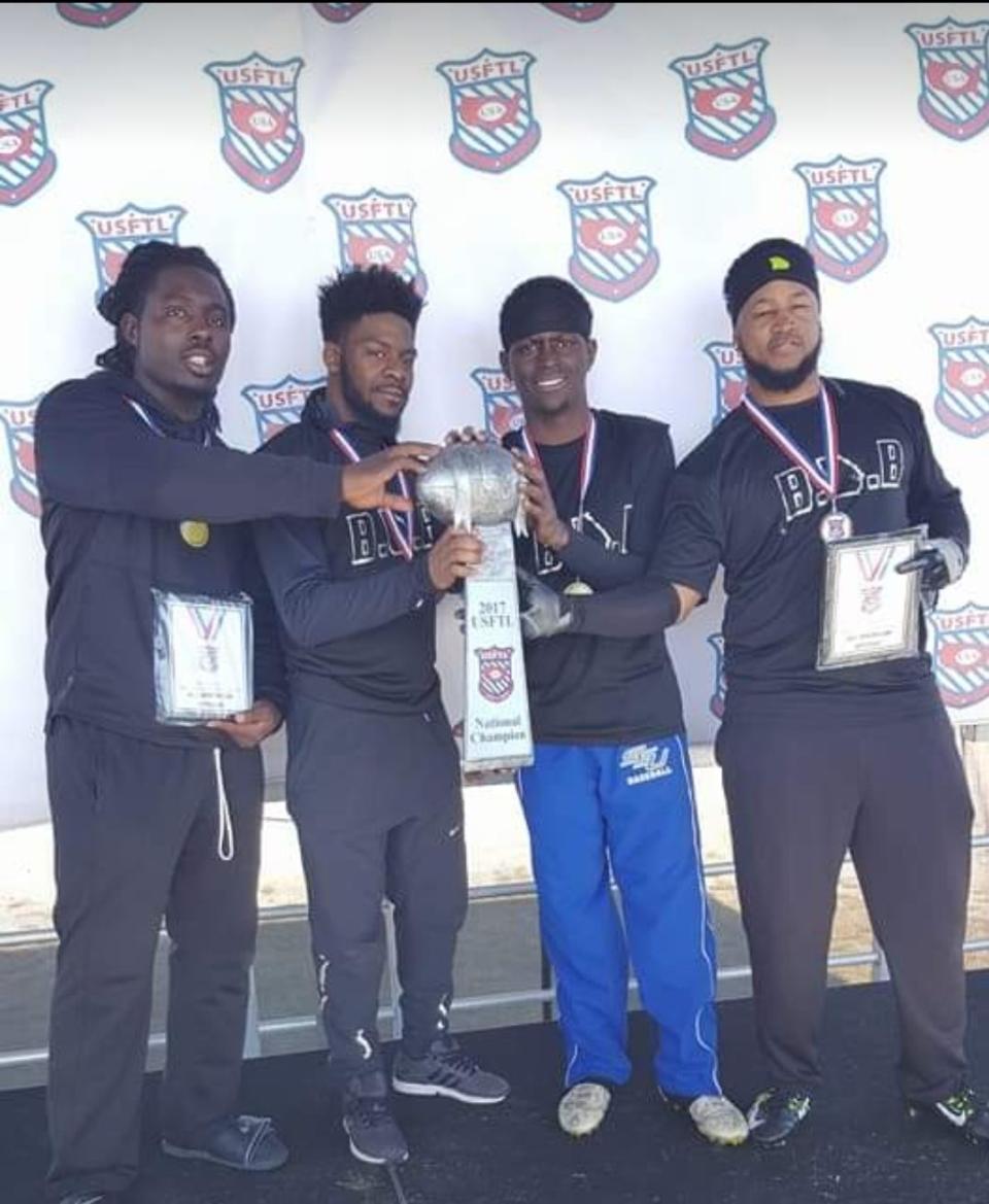 (From left) Javares Taylor, Bennie Poole, Antonio Bradham and Kenneth Bostick at the American Flag Football Championship. Taylor calls the men his biggest motivators.