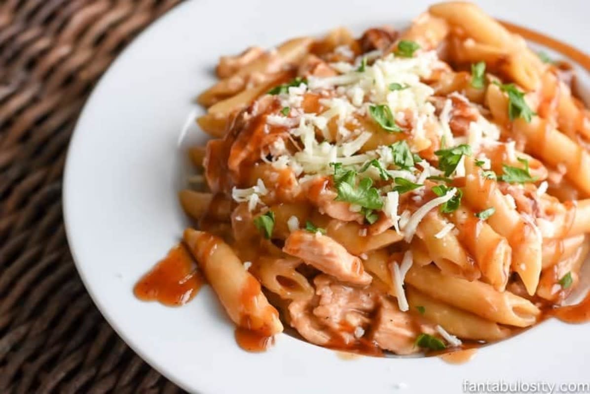 <p>Fantabulocsity</p><p>An easy dinner idea that is ready in a flash, especially when using a rotisserie chicken and bottled BBQ sauce.</p><p><strong>Get the recipe: <a href="https://fantabulosity.com/bbq-chicken-pasta/" rel="nofollow noopener" target="_blank" data-ylk="slk:BBQ Chicken Penne Pasta;elm:context_link;itc:0;sec:content-canvas" class="link rapid-noclick-resp">BBQ Chicken Penne Pasta</a></strong></p>