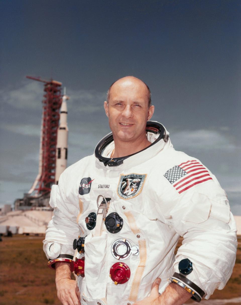 Thomas Stafford, pictured in 1969, as commander of the Apollo 10 mission at the Kennedy Space Center