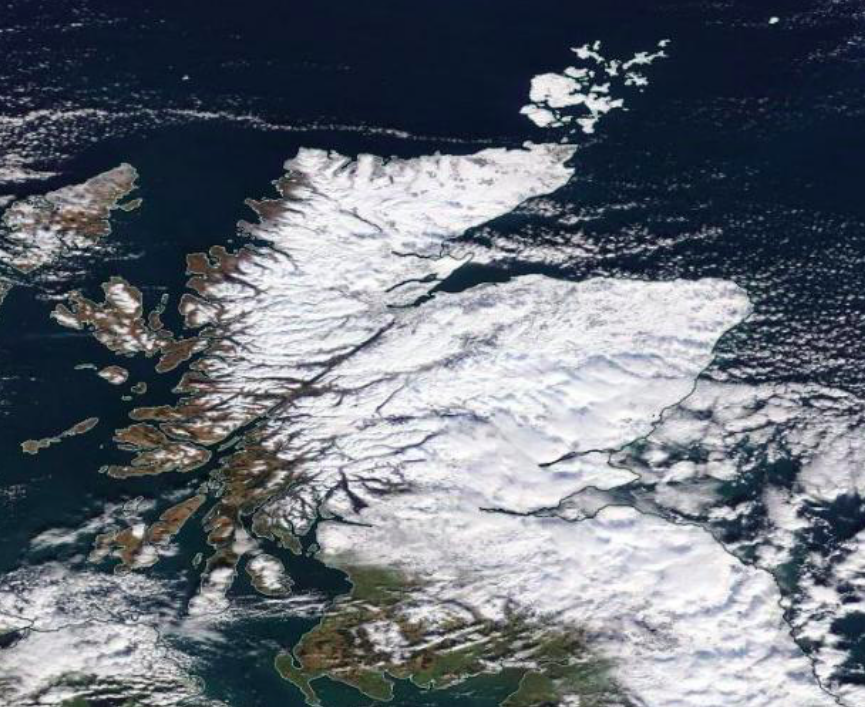 Snow is seen covering most of Scotland in satellite images from Nasa. (Nasa Worldview)