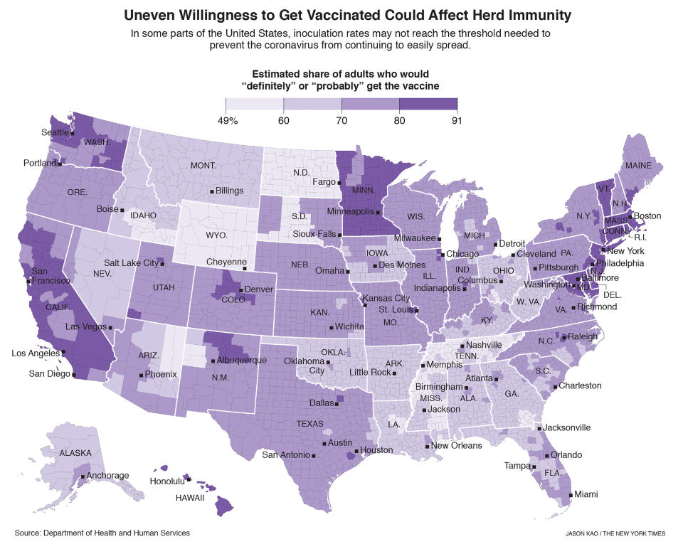 En algunas partes de Estados Unidos, las tasas de inoculación tal vez no alcancen el umbral necesario para impedir que el coronavirus se siga propagando con facilidad.