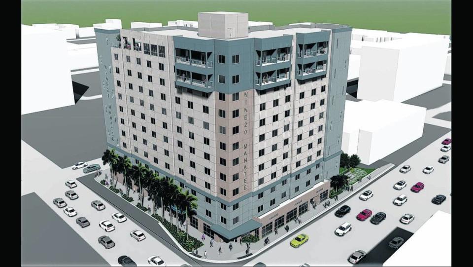 The 12-story Nine20 Manatee apartment building will  feature protruding balconies on the 11th and 12th floors, as well as a shade awning that covers the sidewalk on the ground floor. 