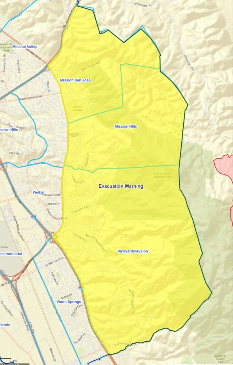 Image Courtesy of the City of Fremont: Residents living within the yellow zone should be prepared to evacuate Sunday as the CZU Lightning Complex bears down.