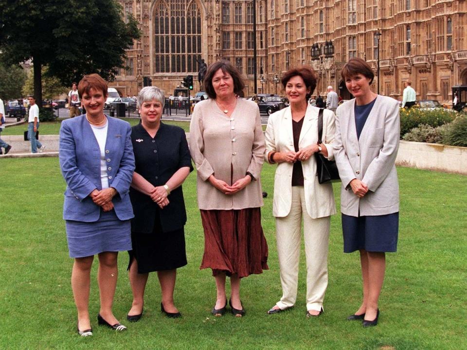 Joan Ruddock is second from right next to Harriet Harman, along with other Labour MPs Tessa Jowell, Barbara Roche and Clare Short in 1997 (PA)