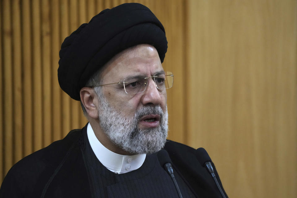 Iranian President Ebrahim Raisi speaks prior to leave Tehran's Mehrabad airport to New York to attend annual UN General Assembly meeting, Monday, Sept. 19, 2022. Raisi headed to New York on Monday, where he will be speaking to the U.N. General Assembly later this week, saying that he has no plans to meet with President Joe Biden on the sidelines of the U.N. event. (AP Photo/Vahid Salemi)