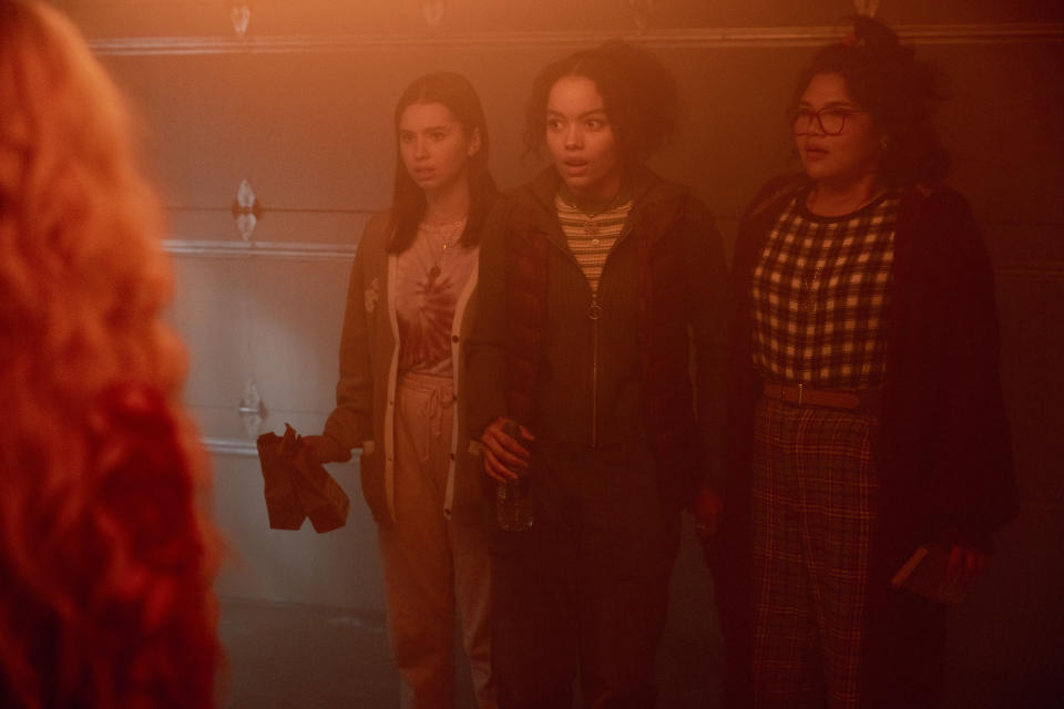 (L-R): Lilia Buckingham as Cassie, Whitney Peak as Becca, and Belissa Escobedo as Izzy in HOCUS POCUS 2, exclusively on Disney+. (Photo by Matt Kennedy)