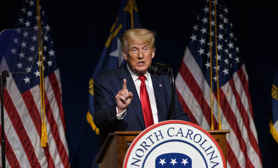 Former President Donald Trump addresses the NCGOP state convention on June 5, 2021, in Greenville, North Carolina. / Credit: Getty Images