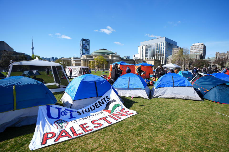 Pro-Palestinian students and other protesters set up camp on the University of Toronto campus in solidarity with Palestinians, at King's College Circle in Toronto, Ontario, May 2, 2024. / Credit: Mert Alper Dervis/Anadolu via Getty Images