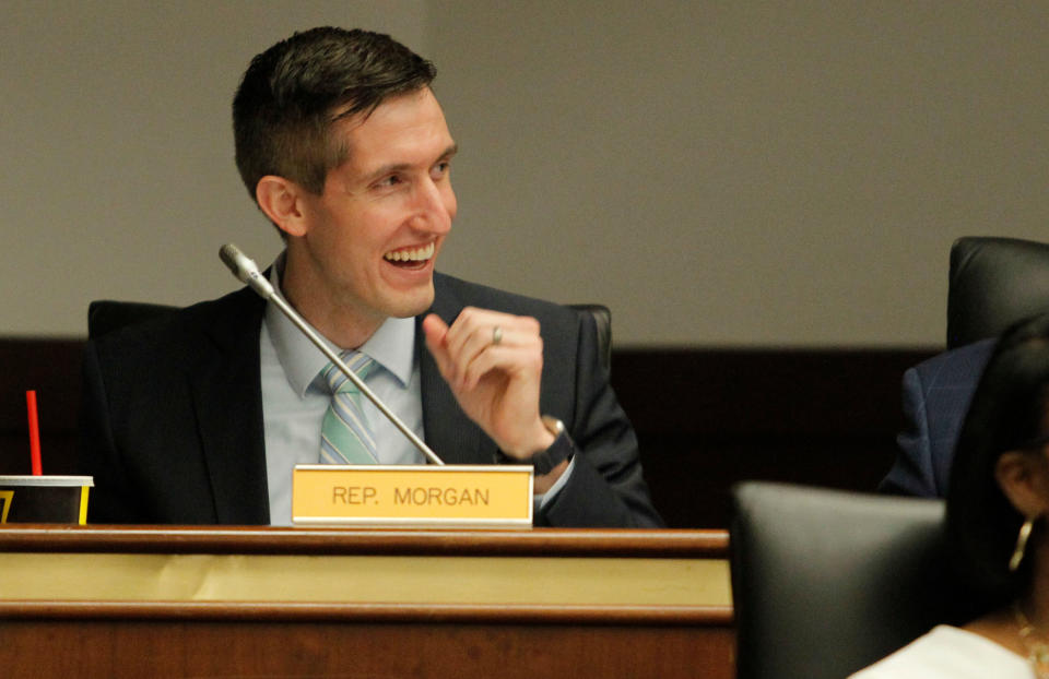  Rep. Adam Morgan shares a laugh with other members before the start of the House Education Committee meeting in Columbia, S.C. on Tuesday, March 1, 2022. (File/Travis Bell/STATEHOUSE CAROLINA/Special to the SC Daily Gazette)