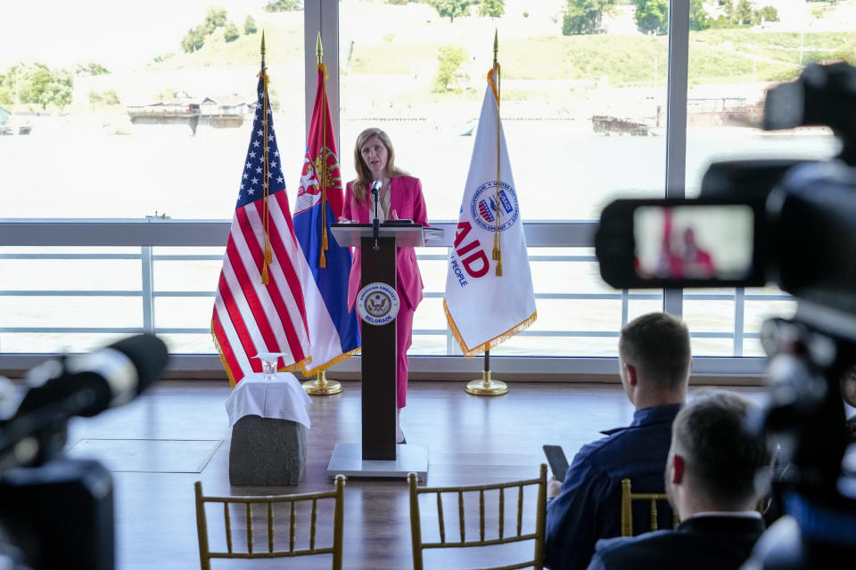 U.S. Agency for International Development (USAID) Administrator Samantha Power addresses the media after talks with Serbia's top officials in Belgrade, Serbia, Wednesday, May 10, 2023. Power arrived in Belgrade for the start of a week long visit to Serbia and Kosovo. (AP Photo/Darko Vojinovic)