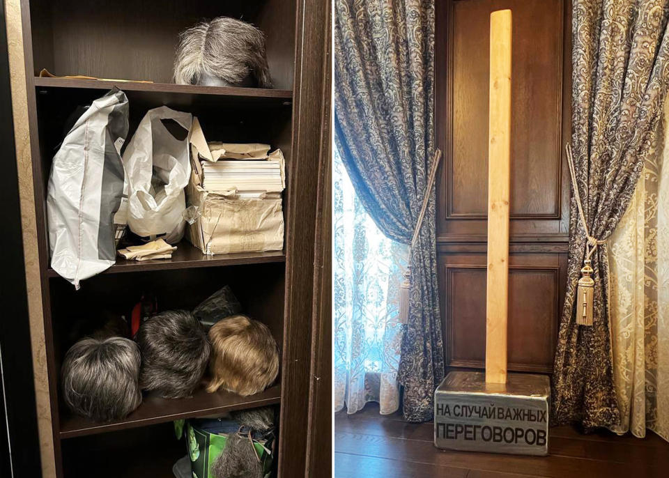 Wigs arranged in a closet space while an oversize novelty sledgehammer reads 