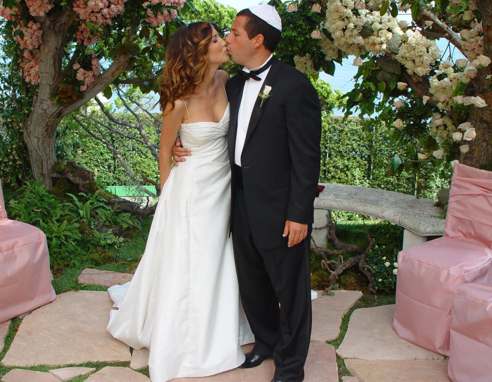 MALIBU, CA - JUNE 22:  In this handout photo, Adam Sandler poses with his bride model-actress Jackie Titone at their wedding June 22, 2003 in Malibu, California.  (Photo by Nick Gossen Courtesy of AdamSandler.com/Getty Images) 