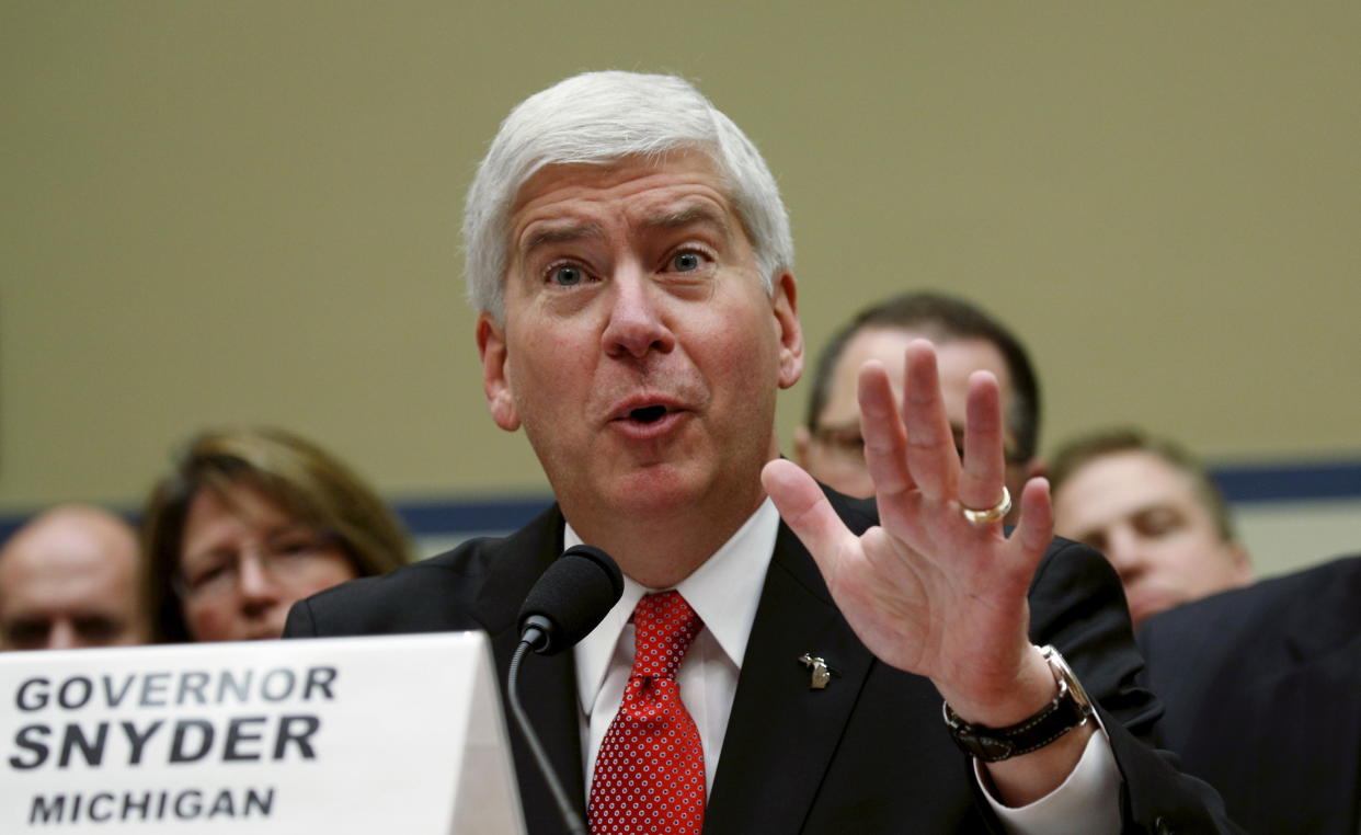 Michigan Gov. Rick Snyder testifies at&nbsp;a House Oversight and Government Reform hearing. Snyder is pushing back against&nbsp;a court order to provide bottled water to Flint residents.