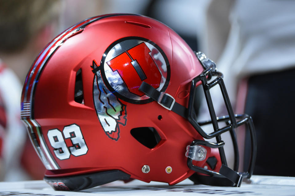 SAN ANTONIO, TX - DECEMBER 31: A Utah Utes helmet awaits the next series during the Alamo Bowl football game between the Utah Utes and Texas Longhorns at the Alamodome on December 31, 2019 in San Antonio, TX. (Photo by Ken Murray/Icon Sportswire via Getty Images)