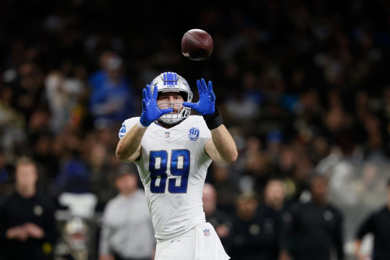 Lions tight end Brock Wright catches a pass during the second half of the Lions' 33-28 win on Sunday, Dec. 3, 2023, in New Orleans.