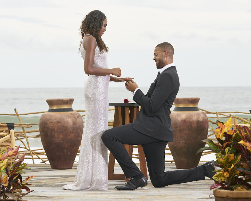 Michelle Young during the season 18 finale of “The Bachelorette” with her fiance, Nayte Olukoya. - Credit: ABC