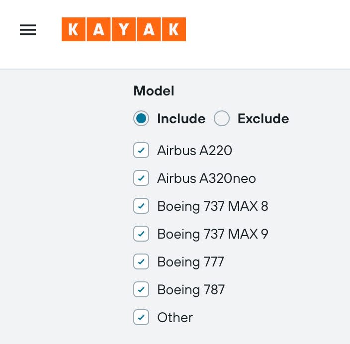 Kayak allows users to filter searches by aircraft.