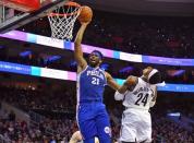 Mar 28, 2019; Philadelphia, PA, USA; Philadelphia 76ers center Joel Embiid (21) is called for an offensive foul against Brooklyn Nets forward Rondae Hollis-Jefferson (24) during the second quarter at Wells Fargo Center. Mandatory Credit: Eric Hartline-USA TODAY Sports