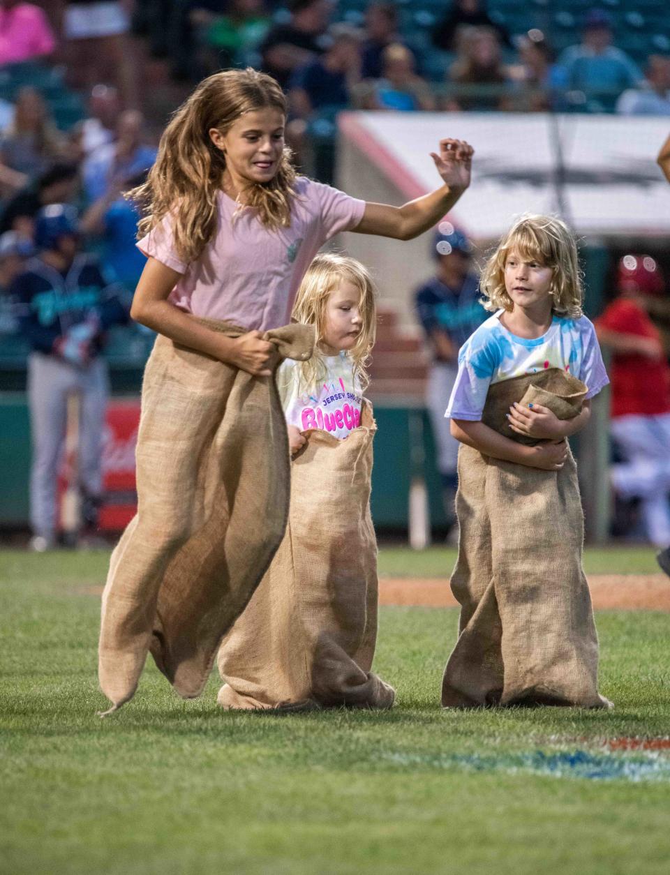 Potato sack races at the Jersey Shore Blue Claws game.