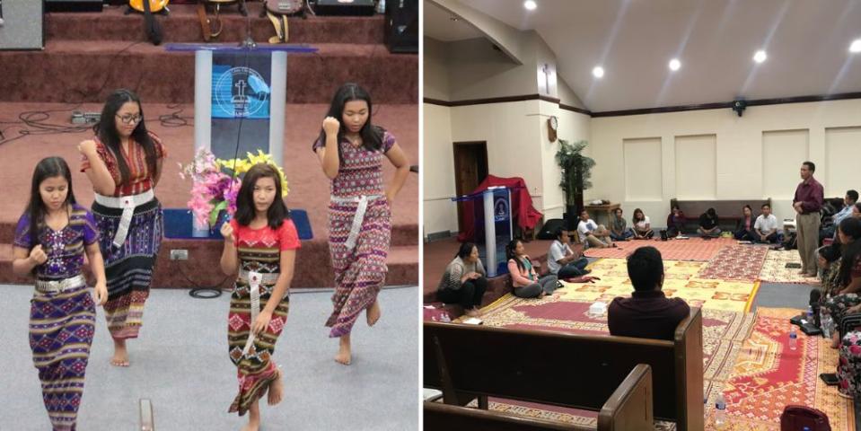 Dancers and a prayer group at the Monmouth Chin Christian Church. (Monmouth Chin Christian Church)