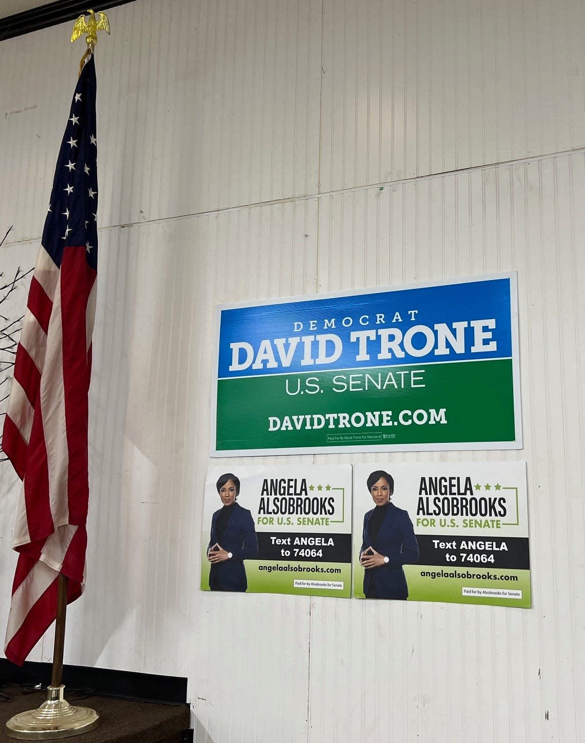 Campaign signs for U.S. Senate candidates, U.S. Rep. David Trone, D-6th, and Democratic Prince George's County Executive Angela Alsobrooks, are affixed to a wall prior to a straw poll in Cambridge, Maryland on November 3, 2023.