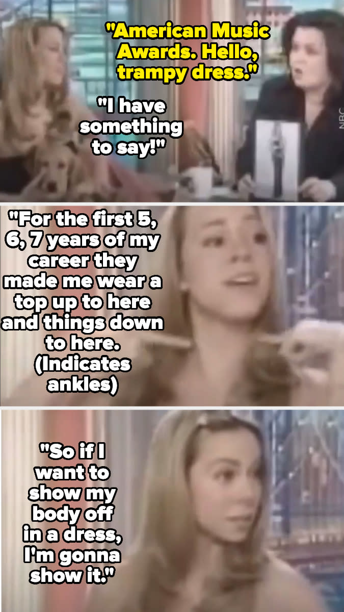 Mariah Carey discussing wardrobe decisions on a talk show, mentioning being made to wear conservative outfits early in her career and now choosing dresses