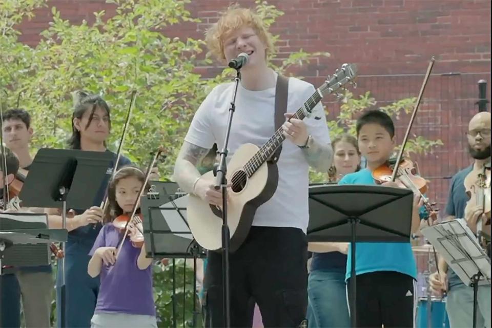 <p>Ed Sheeran/Instagram</p> Ed Sheeran treats a group of young Boston musicians to a singalong.