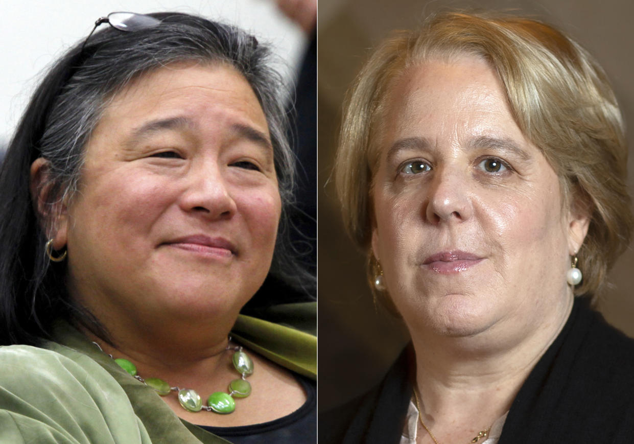 Tina Tchen, then White House director for Public Engagement, appears in Washington on July 20, 2010, left, and Roberta Kaplan poses for a photo in Atherton Calif., on Nov. 12, 2019. Tchen, CEO of the Time's Up, the non-profit group that raises money to support victims of sexual harassment, resigned earlier this year after Kaplan, who also resigned as chair, advised former New York Gov. Andrew Cuomo on how to handle harassment allegations made against him. A report commissioned by Time’s Up and released Friday cited members who felt the organization was damaged by leaders' ties to the Democratic Party. Tchen was once Michelle Obama’s chief of staff. (AP Photo)