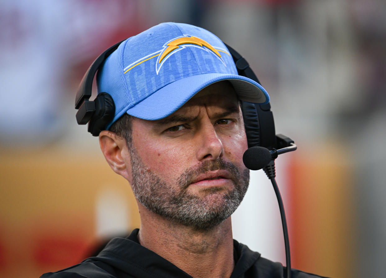 Chargers coach Brandon Staley is getting criticism after his team's 0-2 start. (Photo by Loren Elliott/Getty Images)