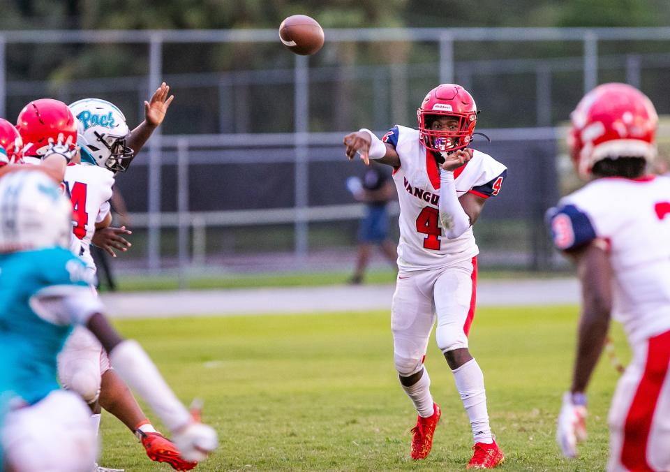 Vanguard #4 Fred Gaskin makes a pass in the first half. The Vanguard Knights defeated the West Port Wolfpack 21-0 Friday night, September 3, 2021 at West Port High School in Ocala, FL.  [Doug Engle/Ocala Star Banner]2021