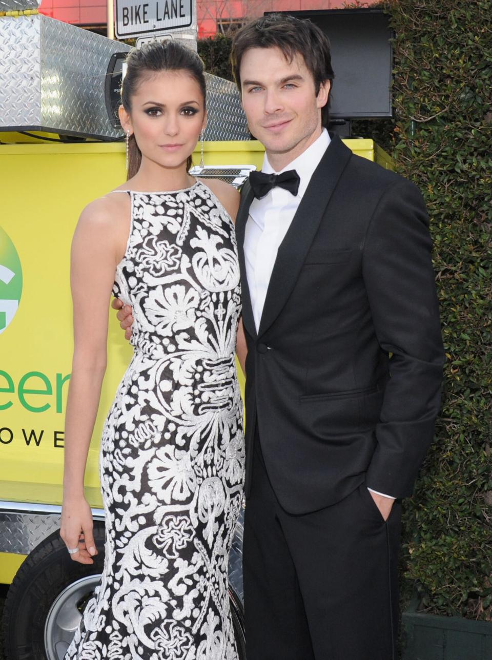 Nina Dobrev and Ian Somerhalder attend the 21st Annual Elton John AIDS Foundation Academy Awards Viewing Party at West Hollywood Park on February 24, 2013 in West Hollywood, California