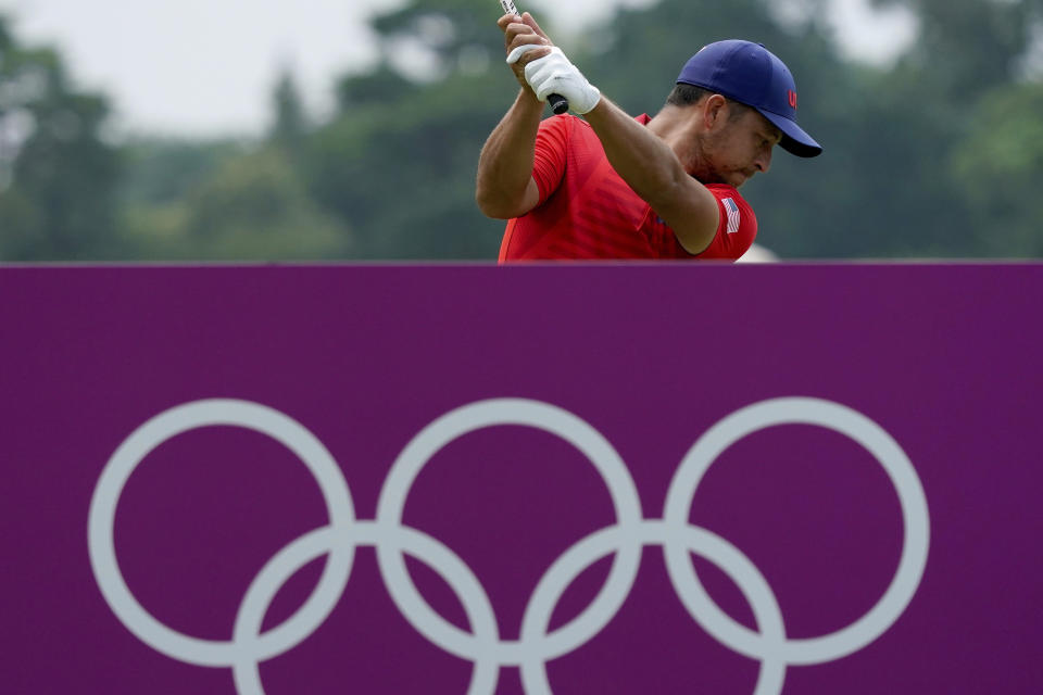 Xander Shauffele of United States hits a tee shot on the 17th hole during the first round of the men's golf event at the 2020 Summer Olympics, Friday, July 30, 2021, at the Kasumigaseki Country Club in Kawagoe, Japan, (AP Photo/Matt York)