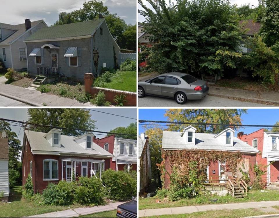 These satellite images show Belleville homes at 217 N. Jackson St., top row, and 221 N. Sixth St. in 2013 and 2023. Both were owned by Topstone Inv CAH 1 as of 2022, the most recent year for online county parcel searches. Goggle Maps