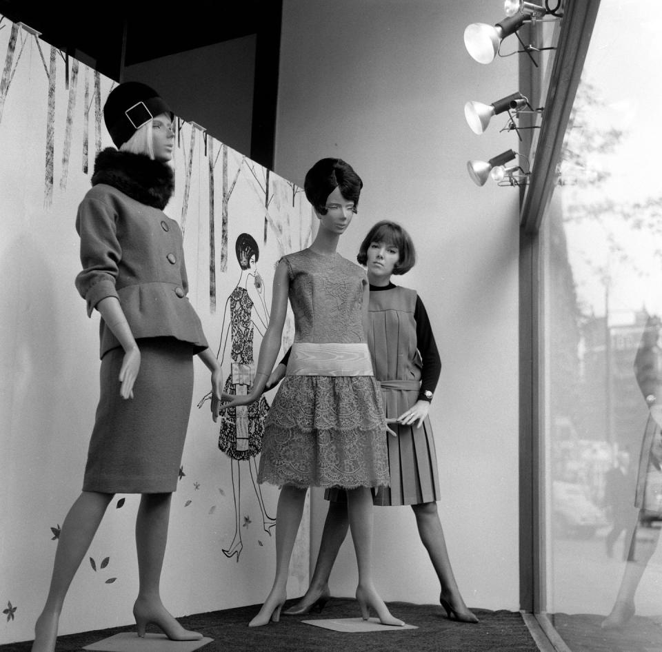 mary quant, clothes designer, standing inside the window of her fashion shop bazaar, seen here with several manikins wearing her designs that are for sale mary's shop is in the brompton road, knightsbridge,london, sw1, 14th october 1960 photo by cyril maitlandmirrorpixgetty images