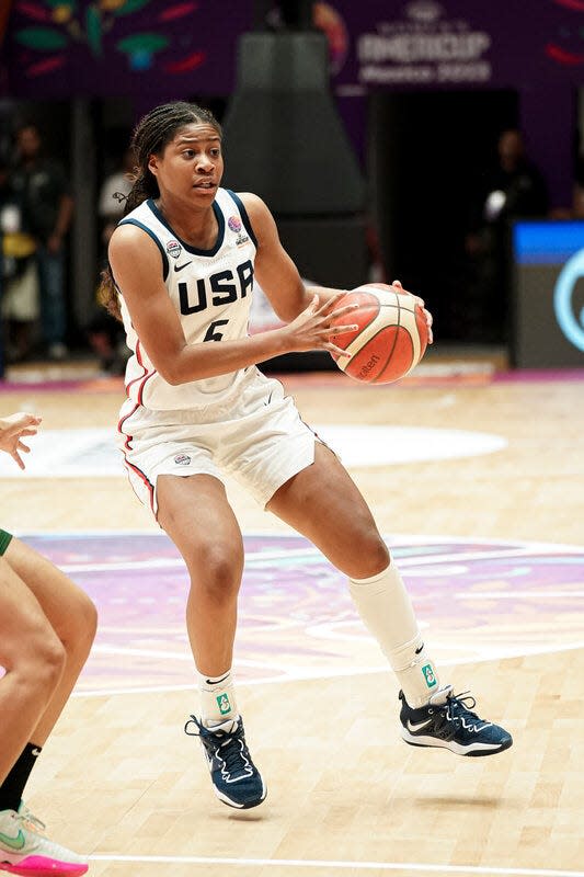 Lady Vols basketball guard Jewel Spear during the 2023 FIBA AmeriCup group play between USA Basketball and Brazil on July 4, 2023.
