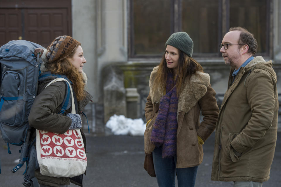 Kayli Carter, Kathryn Hahn, and Paul Giamatti in<em> Private Life</em>. (Photo: Jojo Whilden, Netflix)