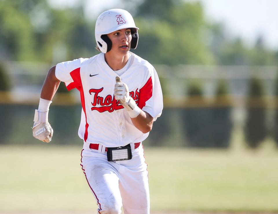 Kennedy’s Brody Kleinschmit (10) runs to third base during the state semifinal baseball game against St. Paul on Tuesday, May 30, 2023 in Mt. Angel, Ore. 