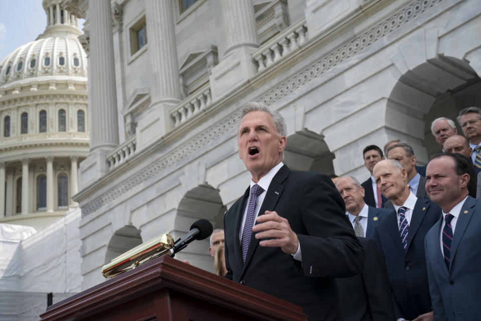 Speaker of the House Kevin McCarthy, R-Calif., is joined by Republicans from the Senate and the House as he leads an event on the debt limit negotiations, at the Capitol in Washington, Wednesday, May 17, 2023. McCarthy and President Joe Biden have tasked a handful of representatives to try and close out a final deal. (AP Photo/J. Scott Applewhite)