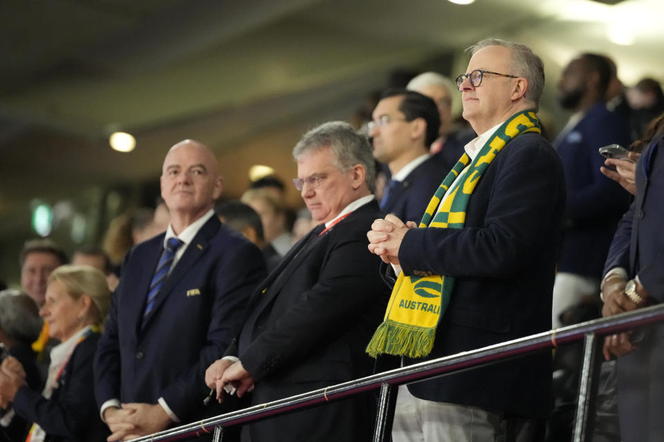 FILE - President of FIFA Gianni Infantino, left, and Australian Prime Minister Anthony Albanese, right, stand ahead of the Women's World Cup semifinal soccer match between Australia and England at Stadium Australia in Sydney, Australia, on Aug. 16, 2023. (AP Photo/Mark Baker, File)