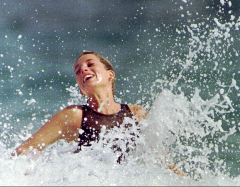 Princess of Wales frolicks in the surf during a beach outing on the Caribbean island of St Kitts january 4