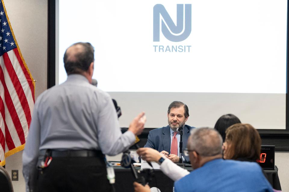 Mar 5, 2024; Paterson, NJ, USA; NJ Transit Hearing Officer and Associate General Counsel Kenneth Rotter during a public hearing about NJ Transit's proposed fare hike at Passaic County Community College.