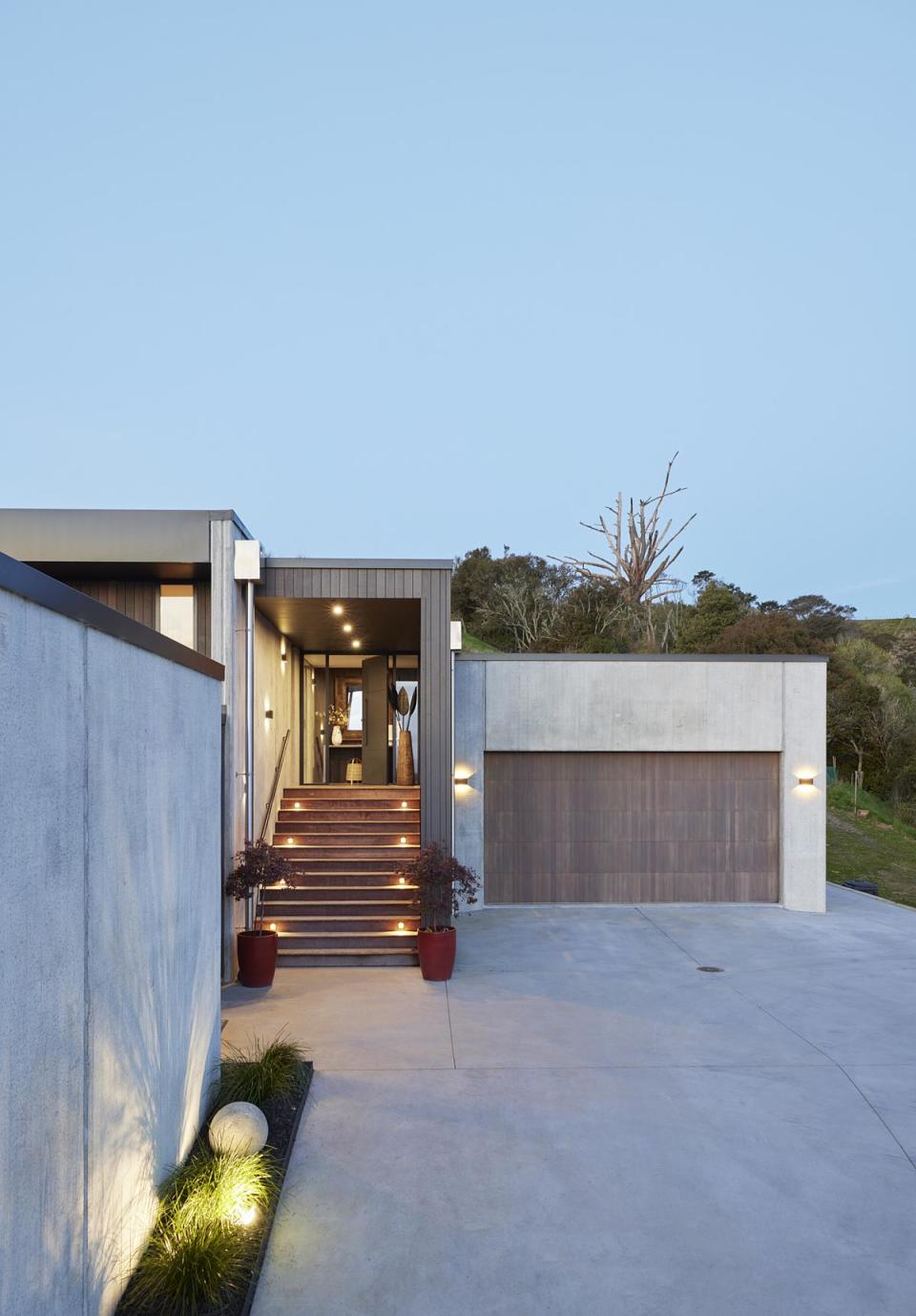 A front door area illuminated by LED lights