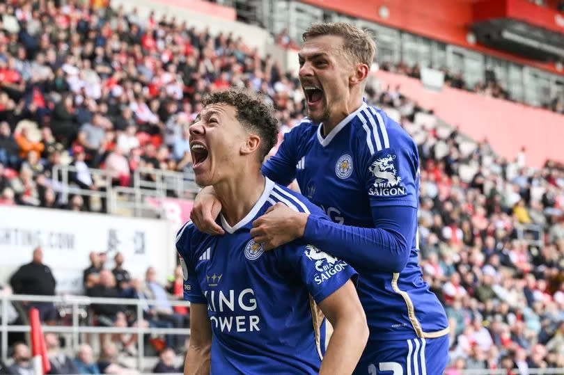 Kasey McAteer and Kiernan Dewsbury-Hall celebrate after the former's second goal in Leicester City's win at Rotherham