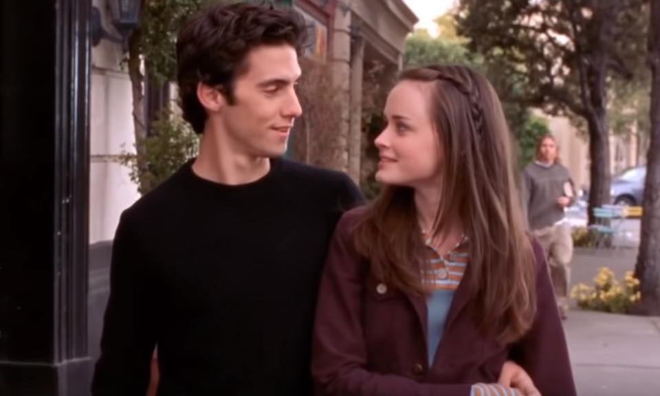 "Gilmore Girls" characters Jess and Rory staring into each other's eyes