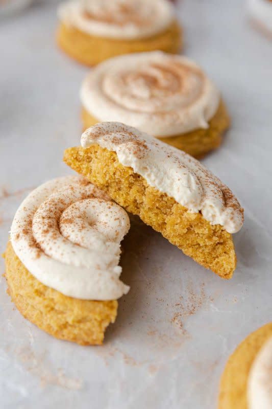 <p>Lifestyle of a Foodie</p><p>These frosted Crumbl caramel pumpkin cookies are made with a soft and thick pumpkin cookie base then topped with a smooth and luscious caramel cream cheese frosting, and dusted with pumpkin pie spice. </p><p><strong>Get the recipe: <em><a href="https://lifestyleofafoodie.com/crumbl-caramel-pumpkin-cookies/" rel="nofollow noopener" target="_blank" data-ylk="slk:Frosted Crumbl Caramel Pumpkin Cookies;elm:context_link;itc:0;sec:content-canvas" class="link ">Frosted Crumbl Caramel Pumpkin Cookies</a></em></strong></p>