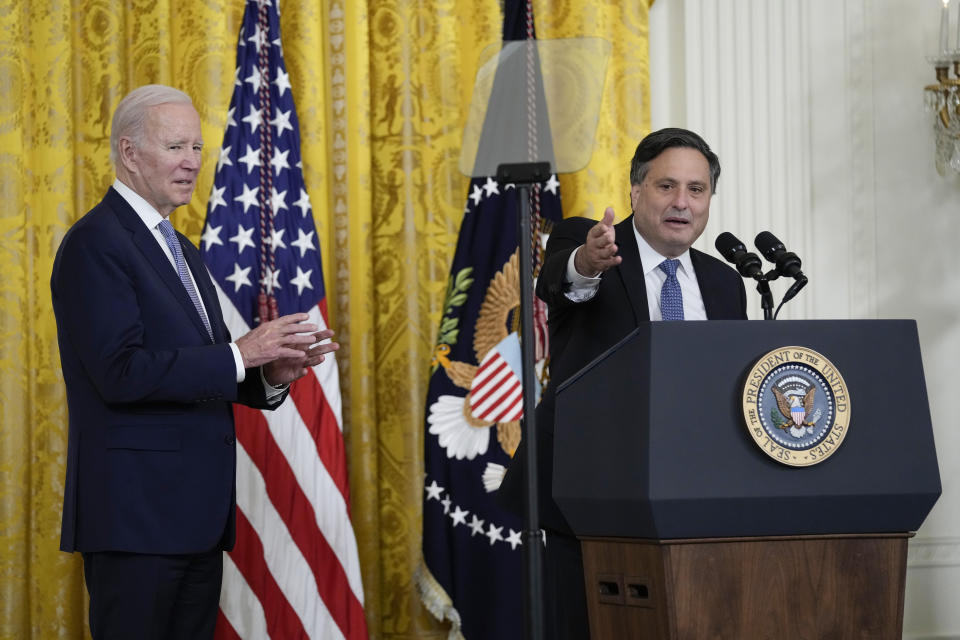 President Joe Biden listens an event to thank outgoing White House chief of staff Ron Klain, right, in the East Room of the White House in Washington, Wednesday, Feb. 1, 2023. (AP Photo/Susan Walsh)