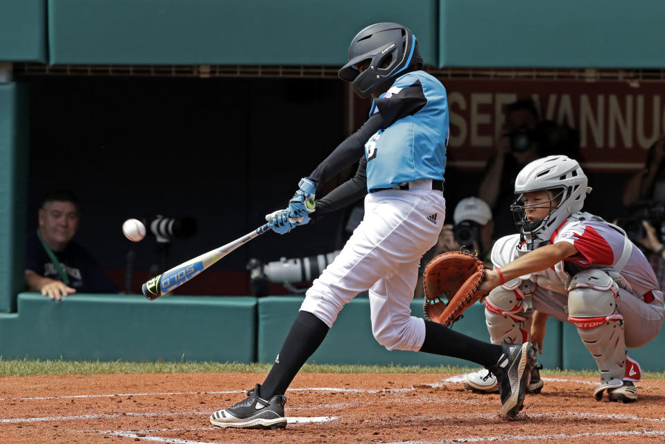 Curacao's Shendrion Martinus (6) drives in two runs with a double off Japan's Taishi Kawaguchi in the third inning of the International Championship baseball game at the Little League World Series tournament in South Williamsport, Pa., Saturday, Aug. 24, 2019. (AP Photo/Gene J. Puskar)